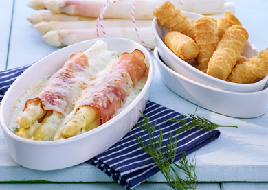 Gratinierte Spargel-Schinkenröllchen mit Kroketten