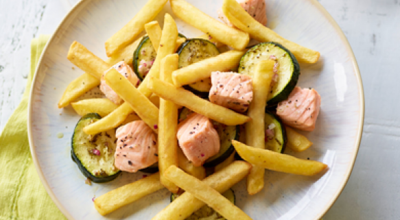 1.2.3 Frites Original mit Zucchini, Lachs und Safran-Joghurt